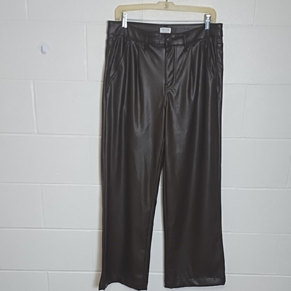 Brown Vegan Leasther Pants with High-Waisted Fit - Picture 1 of 10